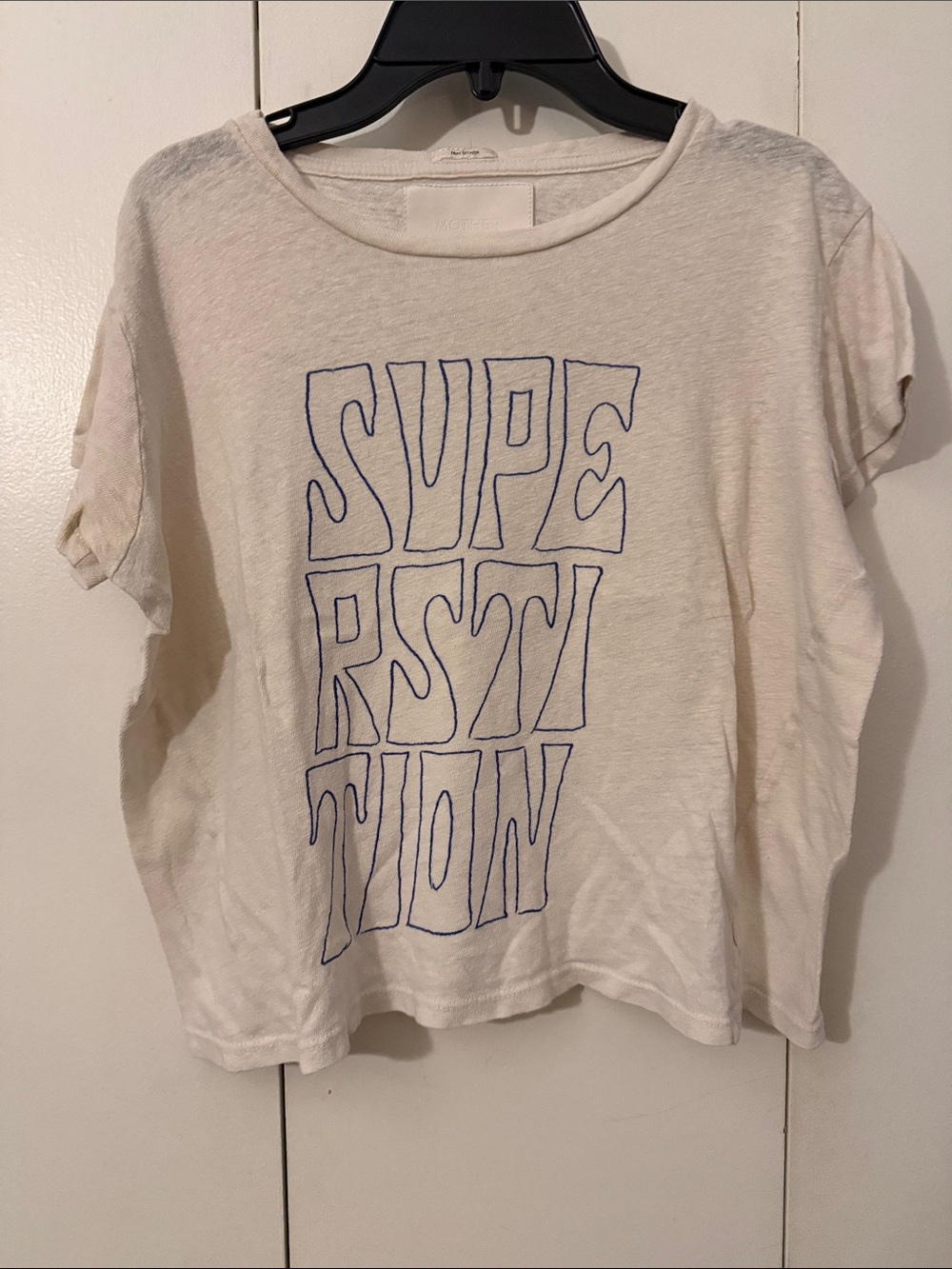 MOTHER Cream Short Sleeve Tee with Blue superstition Graphic